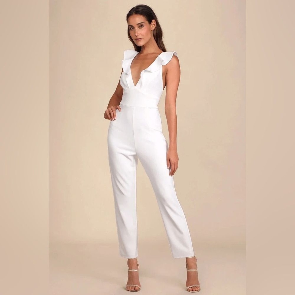 Lulus Leilani White Ruffled Jumpsuit, Size Medium